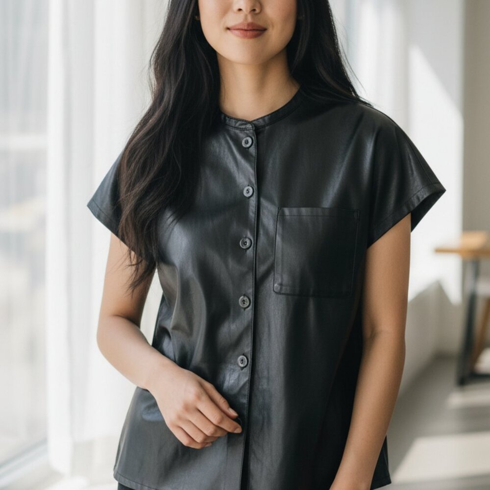 Theory Womens Triangle Shirt S Black Faux Leather